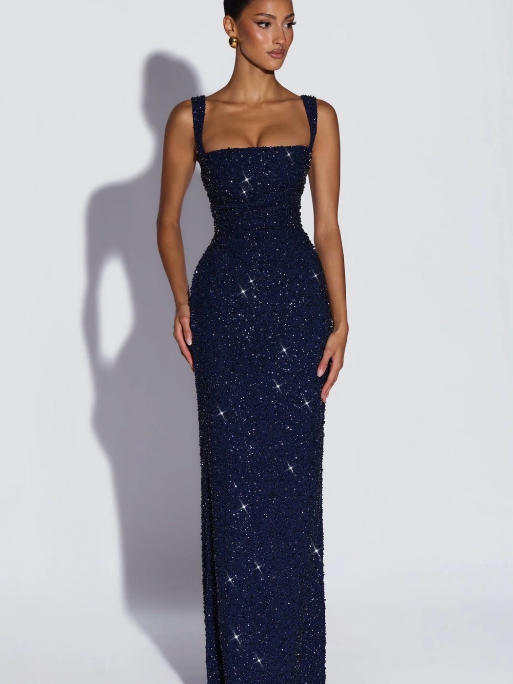 Babyboo Corset Gown Sparkling Navy Beaded Maxi with Square Neckline